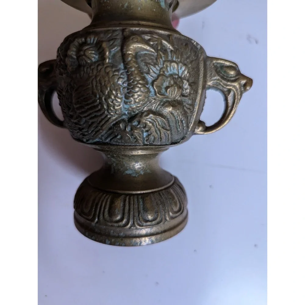 Vintage brass ?‎ Peacock design eagle face handles alter flower vase estate find